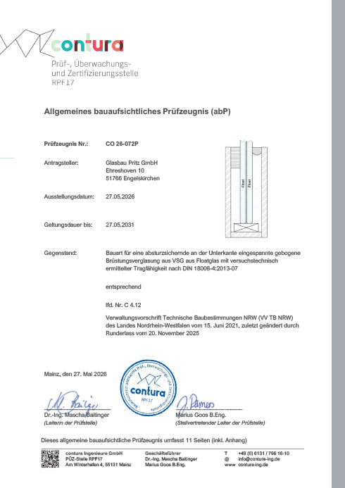 VT 16 055P Glashandel Pritz gebogene Bruuestungsverglasung ESG