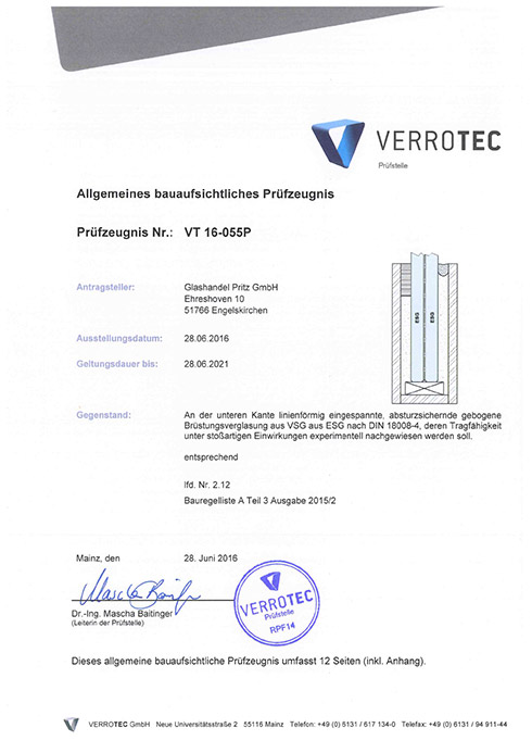 VT 16 055P Glashandel Pritz gebogene Bruuestungsverglasung ESG